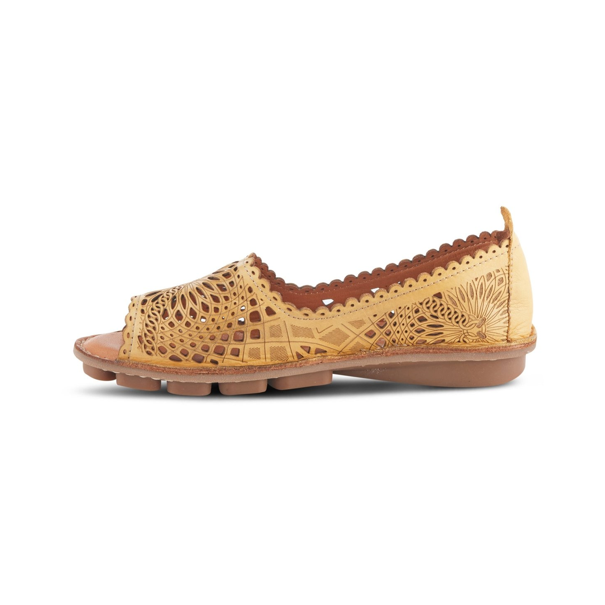 Spring Step Brandal Yellow peep-toe flat, opposite side view on white