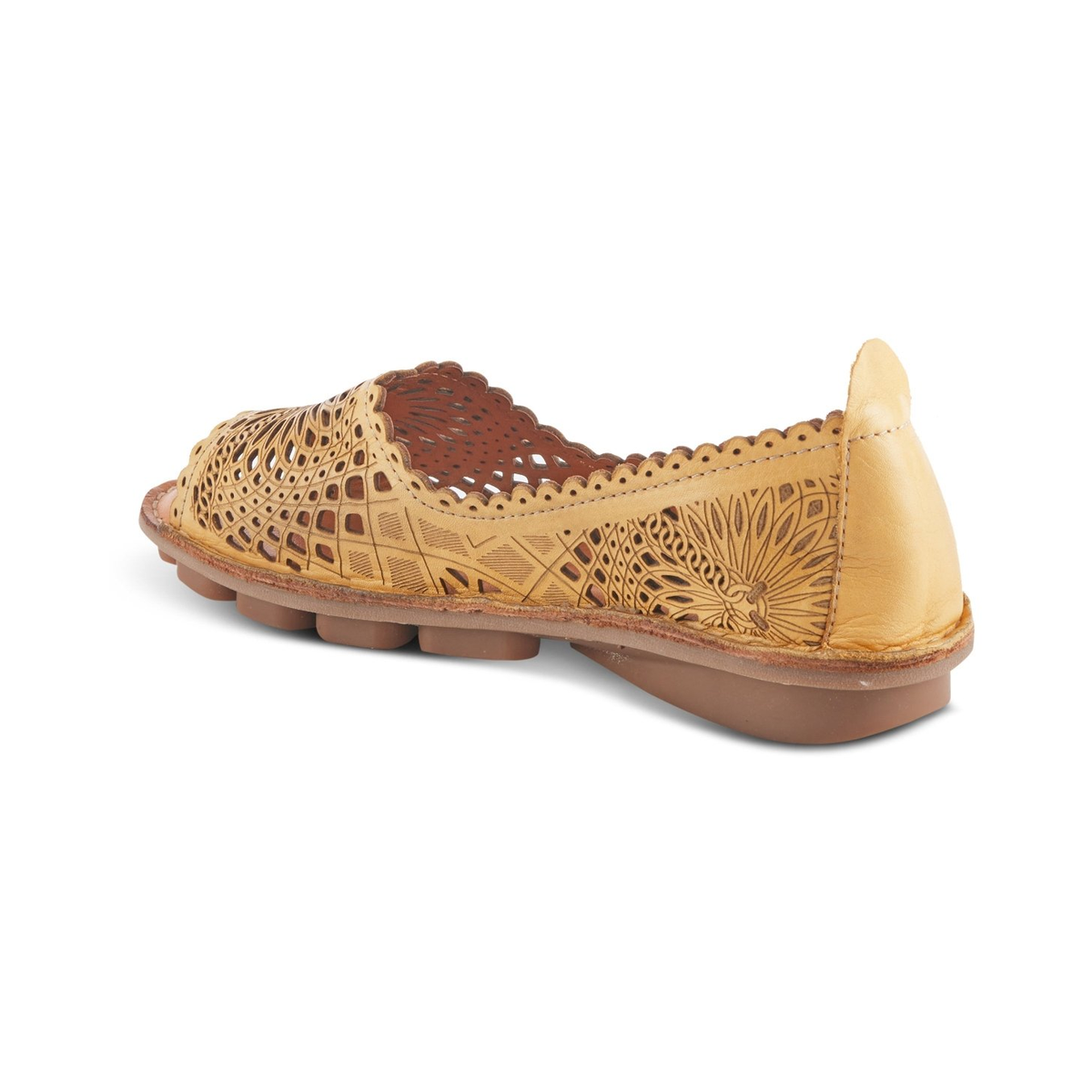 Spring Step Brandal Yellow peep-toe flat, rear three-quarter view on white