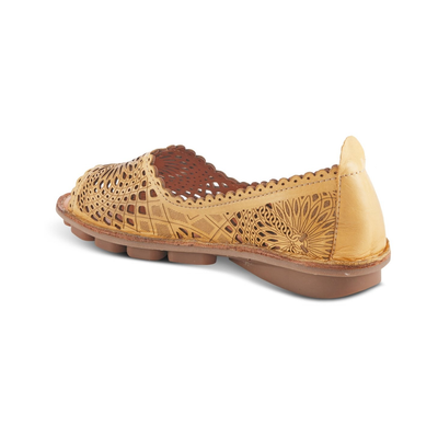 Spring Step Brandal Yellow peep-toe flat, rear three-quarter view on white