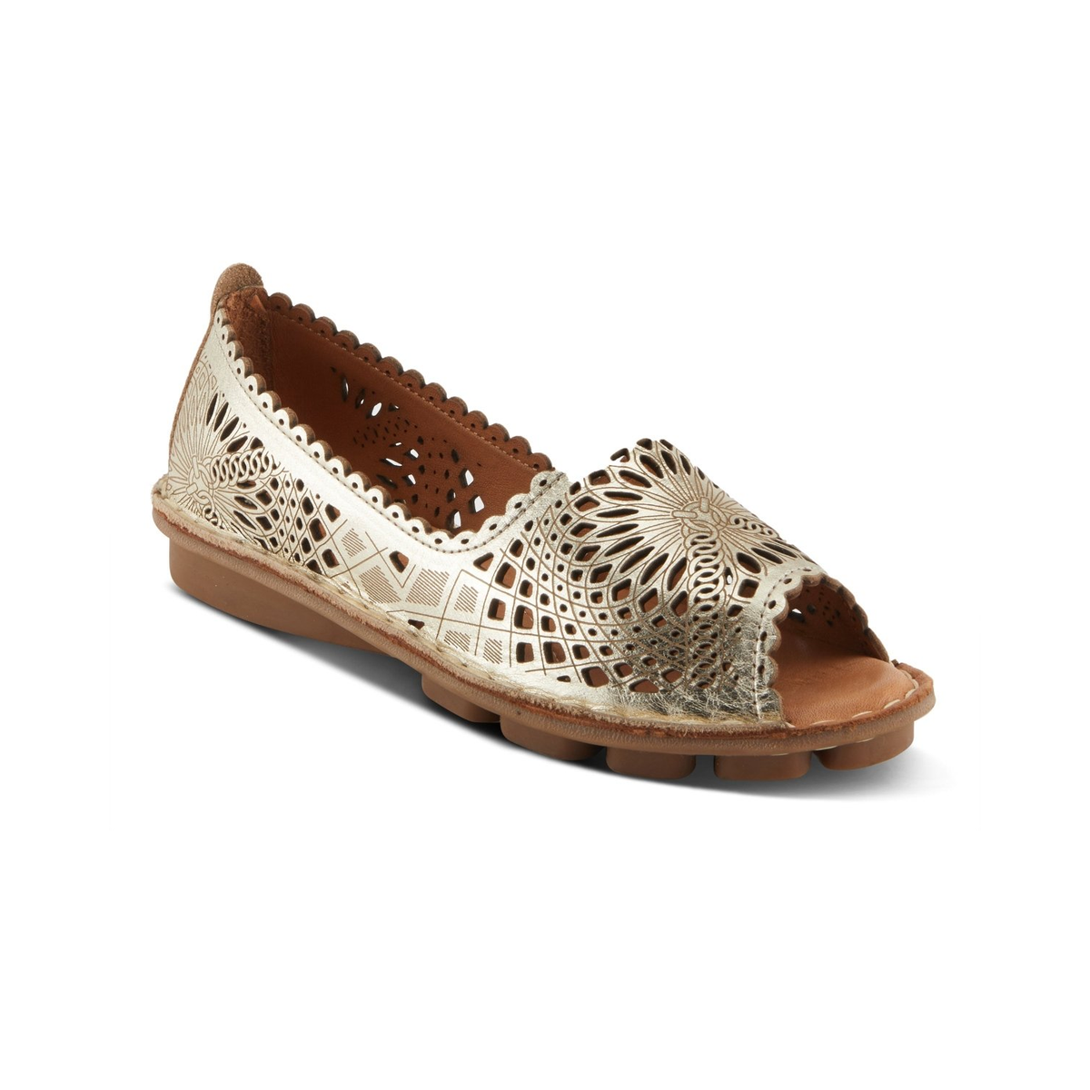 Spring Step Brandal Gold peep-toe flat, front three-quarter view on white