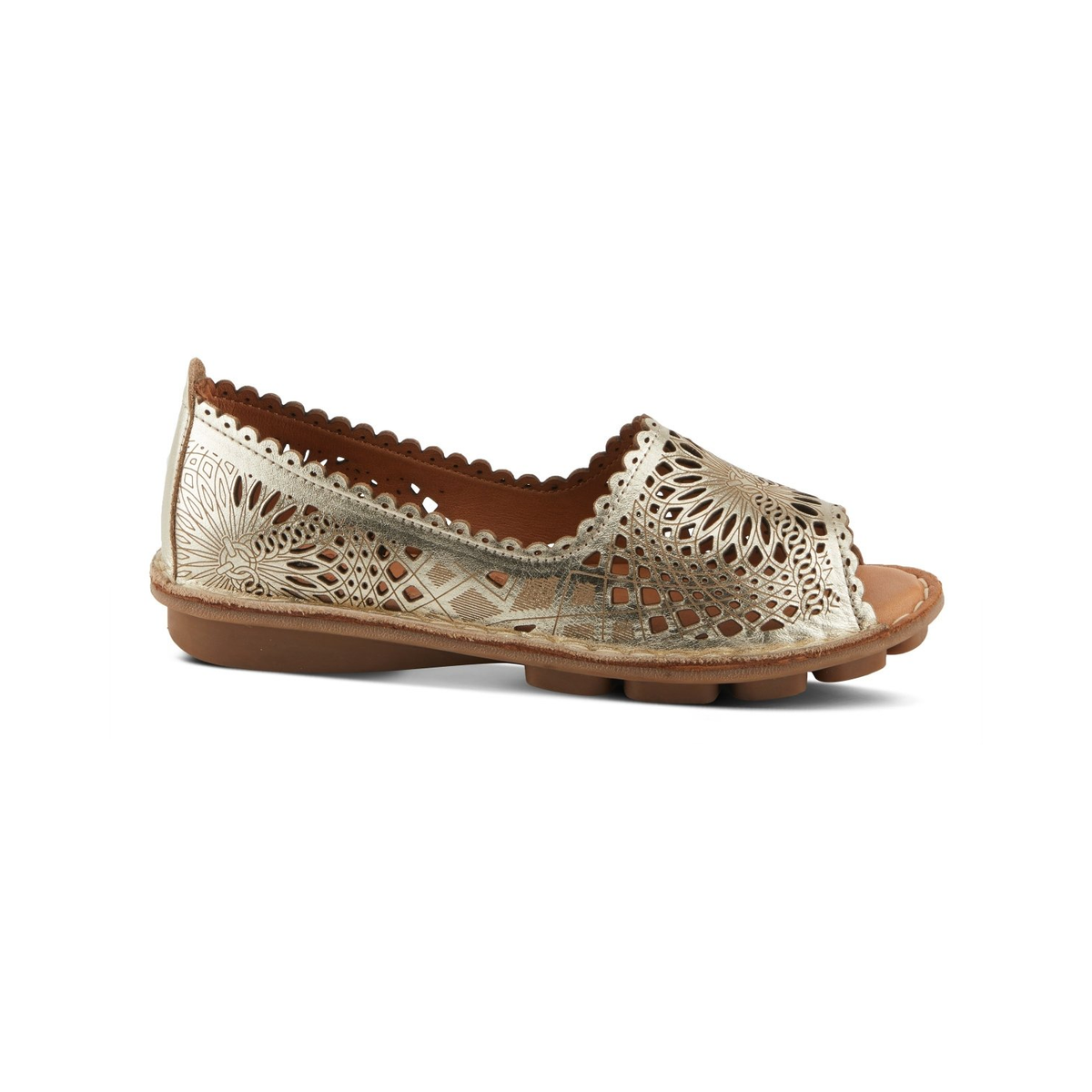 Spring Step Brandal Gold peep-toe flat, side view on white