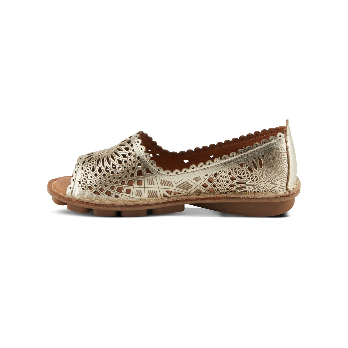 Spring Step Brandal Gold peep-toe flat, opposite side view on white