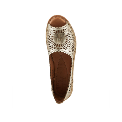 Spring Step Brandal Gold peep-toe flat, top view on white