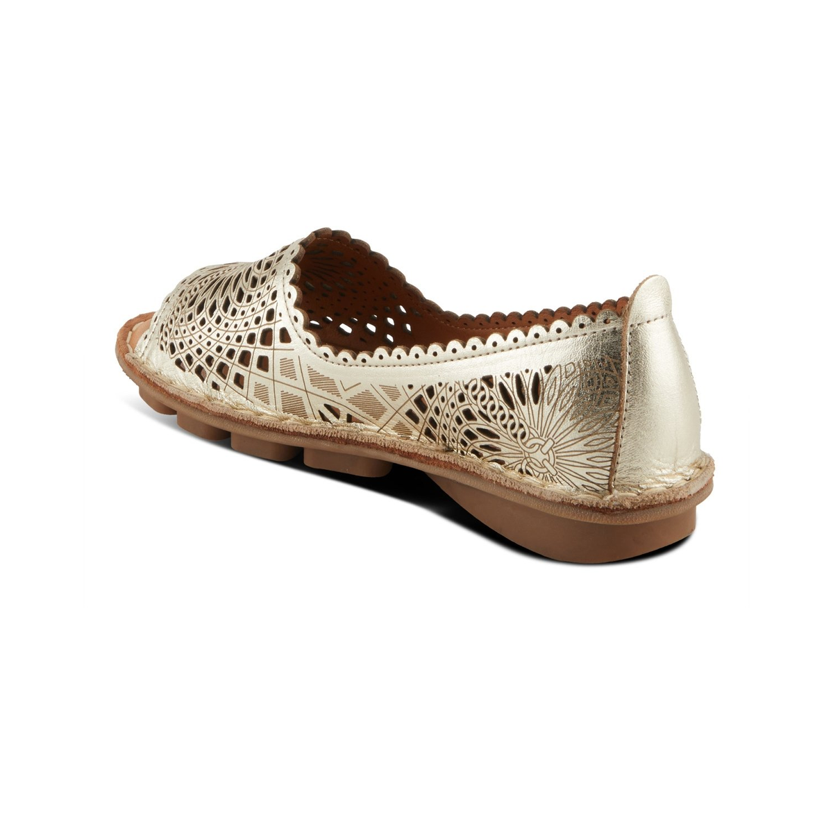Spring Step Brandal Gold peep-toe flat, rear three-quarter view on white