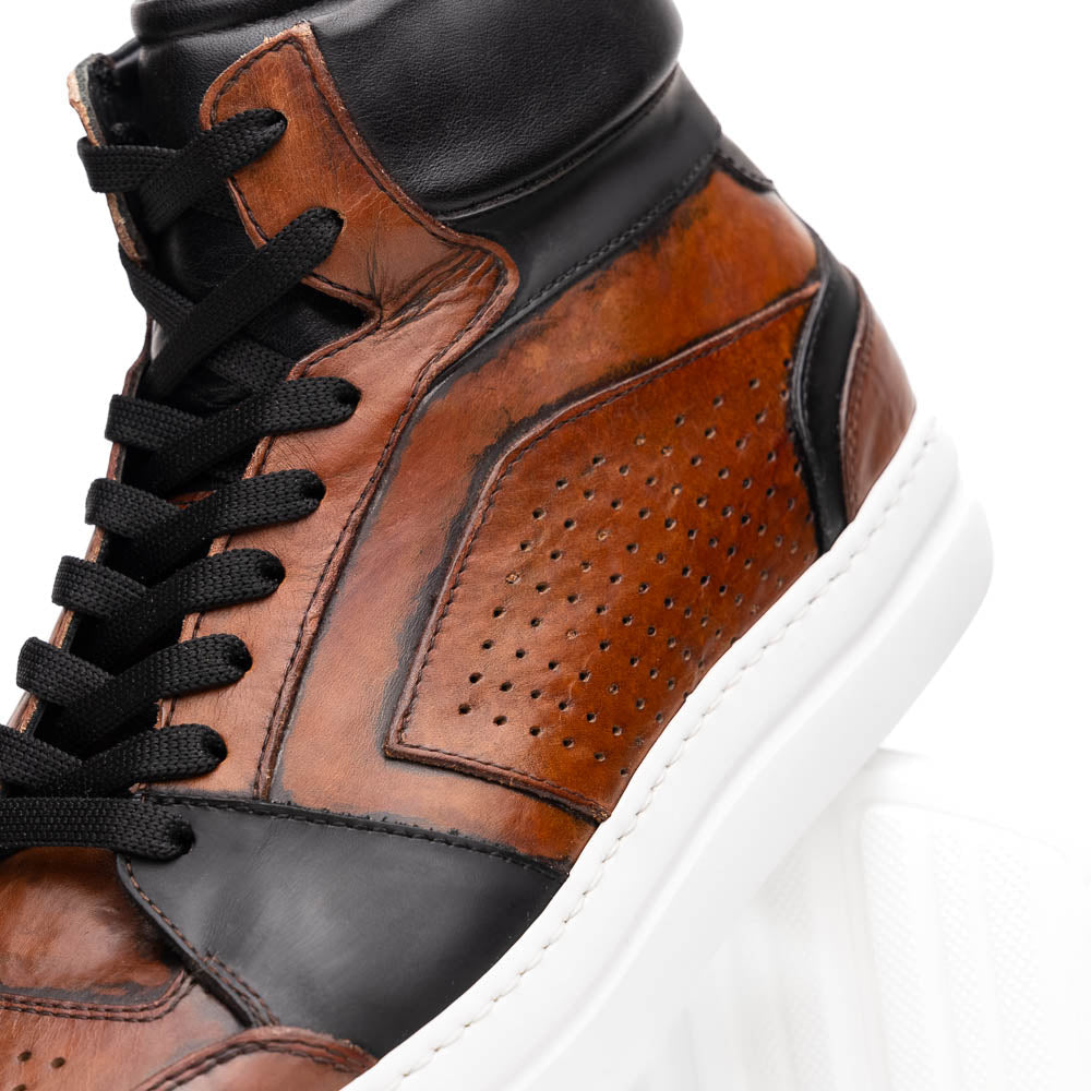 Zelli Italia Men's 65-356-BRN BRAVO Italian Burnished Calfskin High Top Dress Sneaker Black / Brown