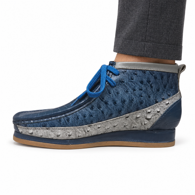 British Walkers New Castle Dual Print Blue and Light Gray chukka boot, on-foot side view against white; AI-generated styling illustration