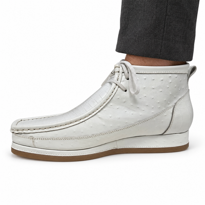 British Walkers New Castle Dual Print White chukka boot, on-foot side view against white; AI-generated styling illustration