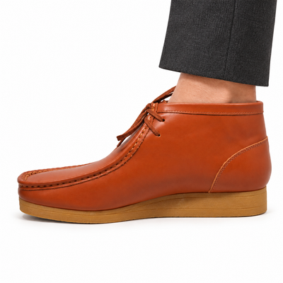 British Walkers New Castle 2 men's Caramel ankle boot, on-foot side view against white; AI-generated styling illustration