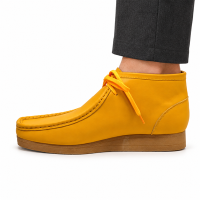British Walkers New Castle 2 men's Yellow ankle boot, on-foot side view against white; AI-generated styling illustration