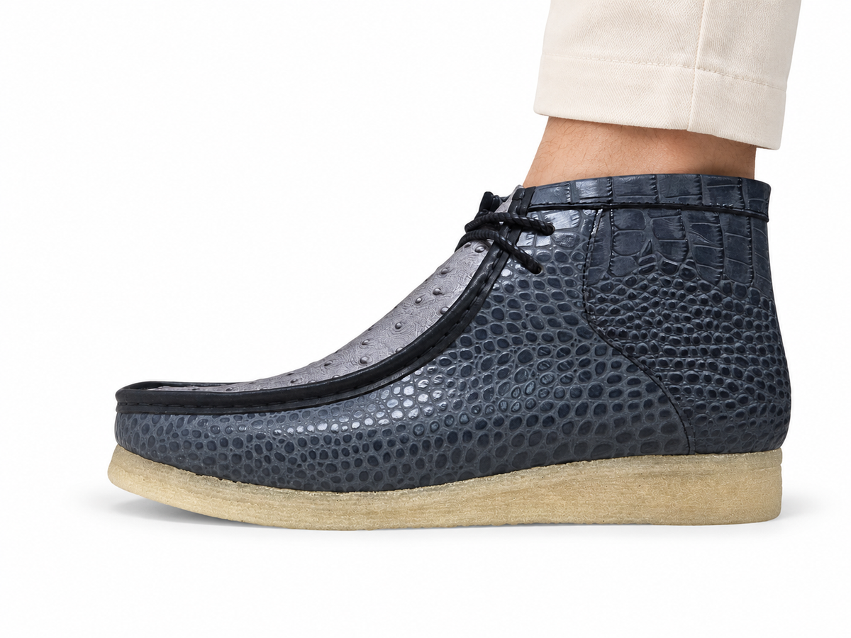 British Walkers Walker Royal Gator in Navy/Powder Blue, AI-generated on-foot styling illustration on white; original product photographs show definitive details.