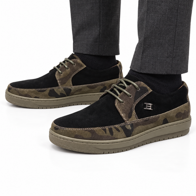 AI-generated styling illustration of British Walkers Westminster 2 men's Black Camo Suede sneakers on a white background