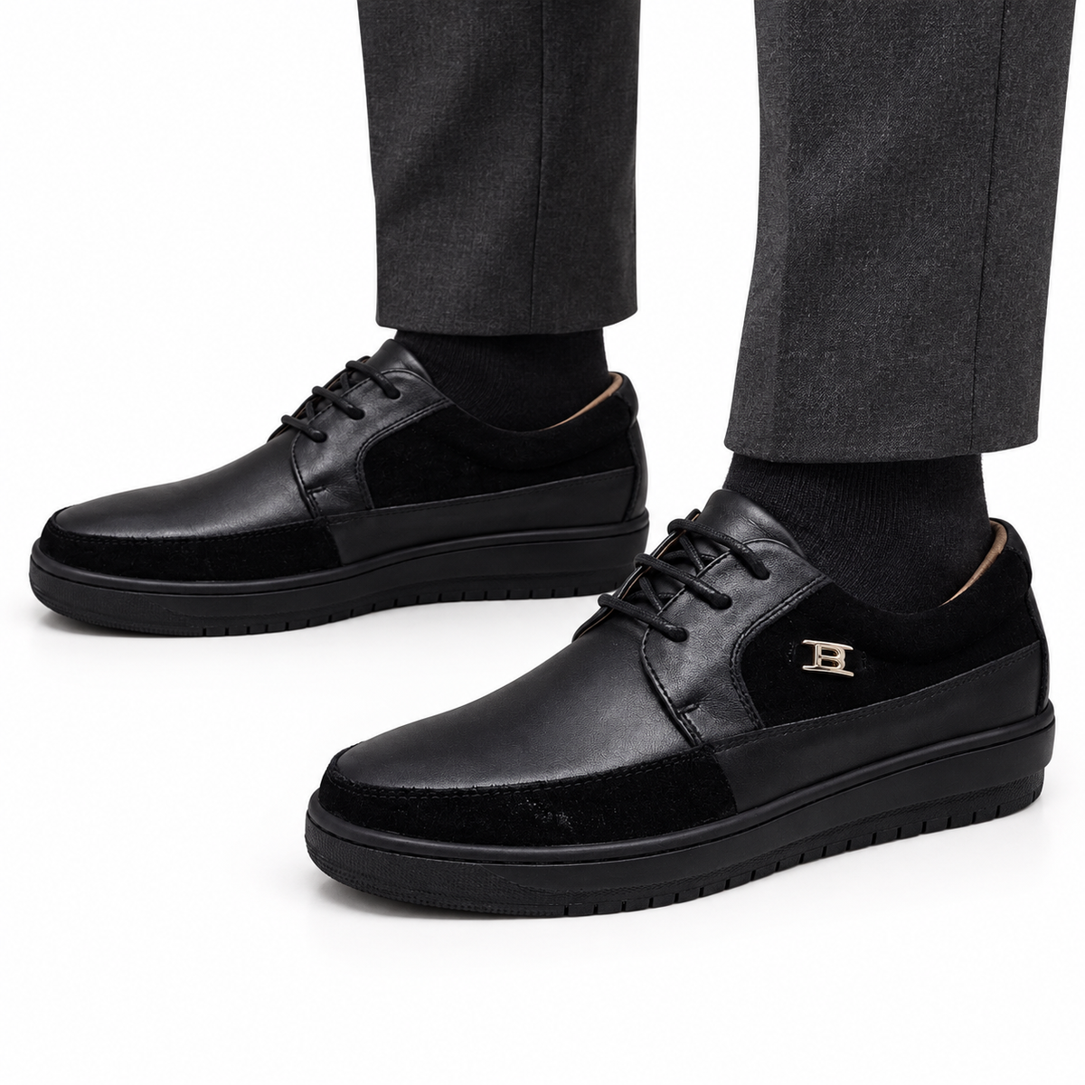 AI-generated styling illustration of British Walkers Westminster 2 men's Black Leather/ Black Suede sneakers on a white background