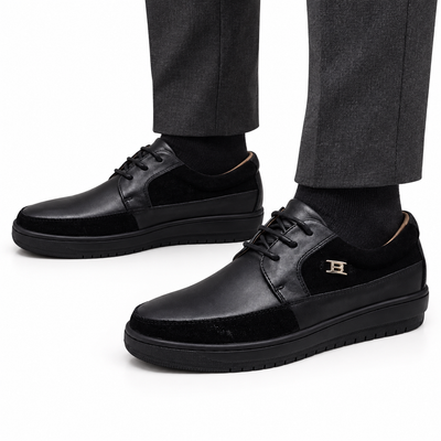AI-generated styling illustration of British Walkers Westminster 2 men's Black Leather/ Black Suede sneakers on a white background