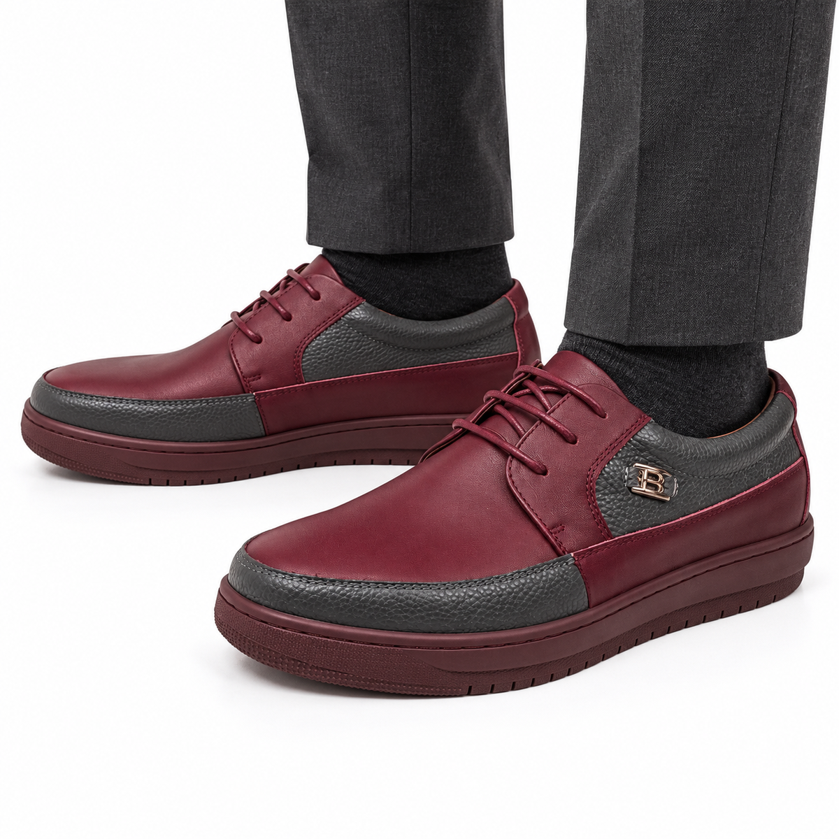 AI-generated styling illustration of British Walkers Westminster 2 men's Burgundy/Gray Leather sneakers on a white background