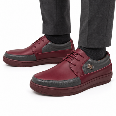 AI-generated styling illustration of British Walkers Westminster 2 men's Burgundy/Gray Leather sneakers on a white background