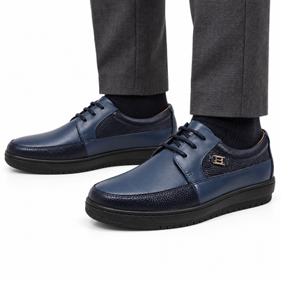 AI-generated styling illustration of British Walkers Westminster 2 men's Navy Leather sneakers on a white background