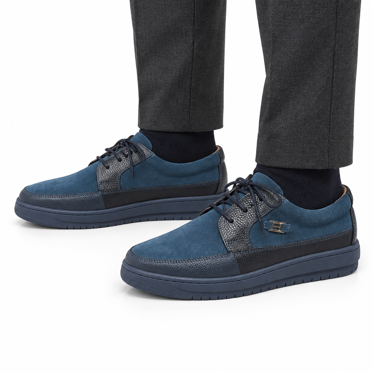 AI-generated styling illustration of British Walkers Westminster 2 men's Pendant Blue Suede /Navy Leather sneakers on a white background