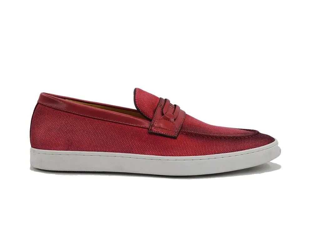 Carrucci Shoes Embossed Leather Strap Linen Sneaker Leather KS52907