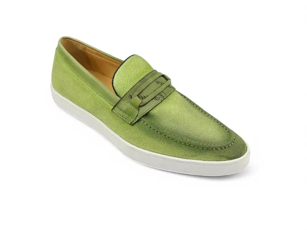 Carrucci Shoes Embossed Leather Strap Linen Sneaker Leather KS52907