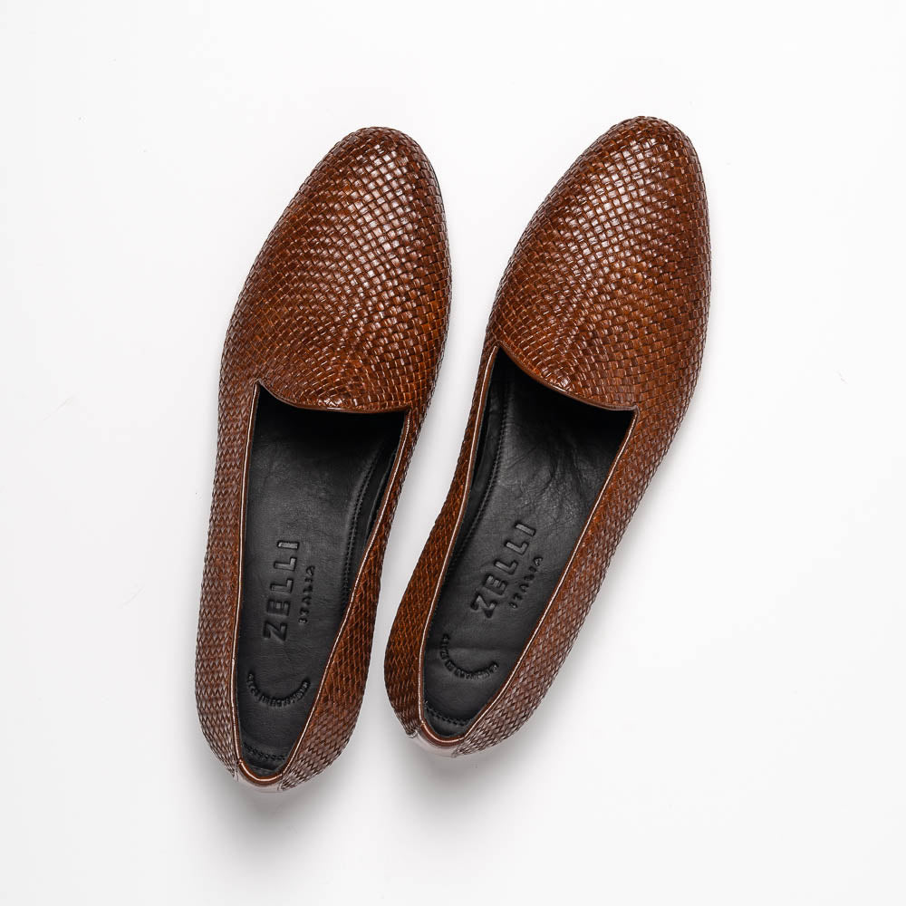 Zelli Italia 15-211-CGN CESTINO Calfskin Basketweave Slip On, Cognac Angled View