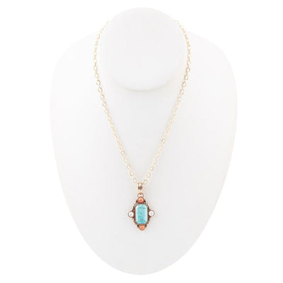 Champs Blue Turquoise and Orange Coral Golden Pendant Necklace