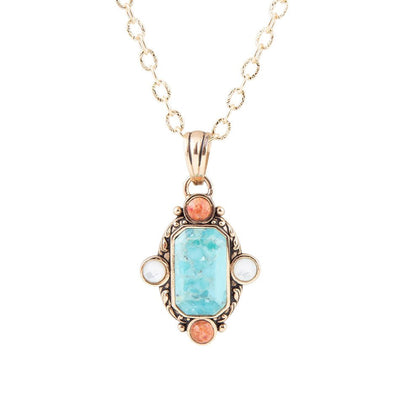 Champs Blue Turquoise and Orange Coral Golden Pendant Necklace