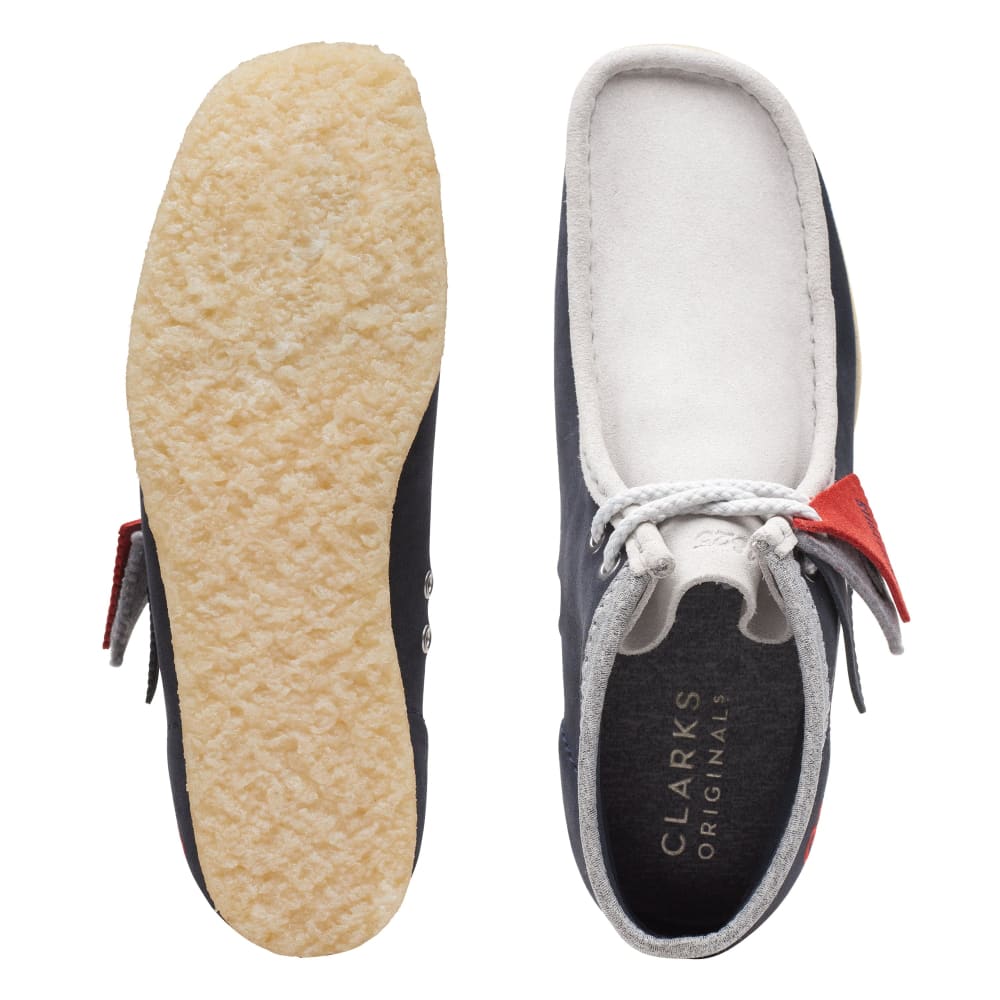Clarks Originals Originals Wallabee Boot VCY Men’s Shoes – Navy, Gray and Red Suede – Style 26165077 – Bold Heritage Statement