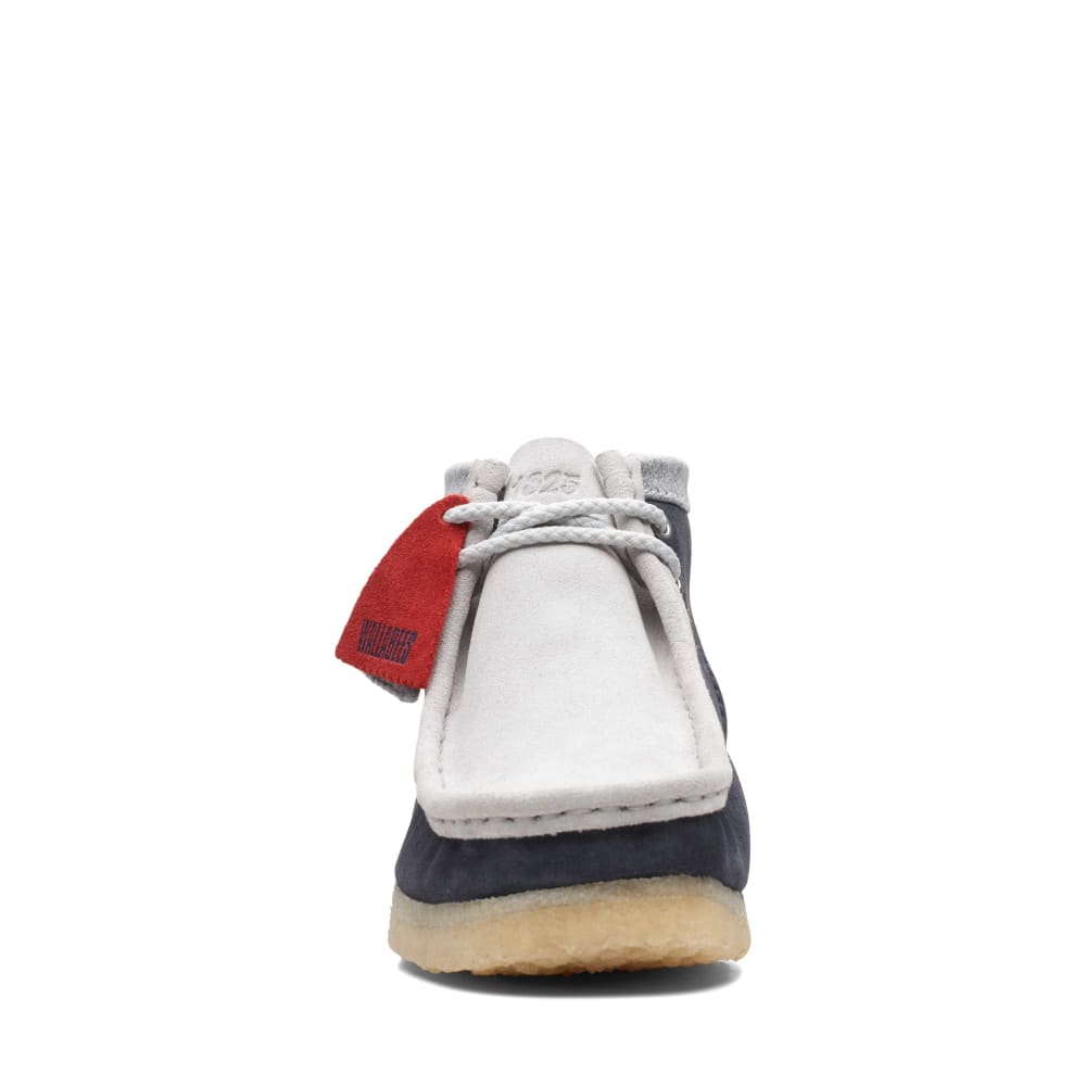 Clarks Originals Originals Wallabee Boot VCY Men’s Shoes – Navy, Gray and Red Suede – Style 26165077 – Bold Heritage Statement