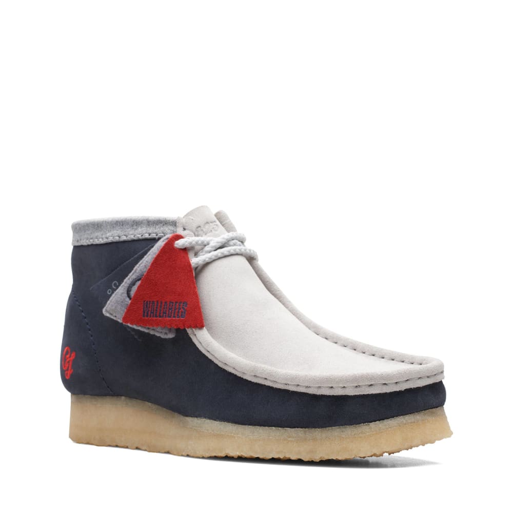 Clarks Originals Originals Wallabee Boot VCY Men’s Shoes – Navy, Gray and Red Suede – Style 26165077 – Bold Heritage Statement