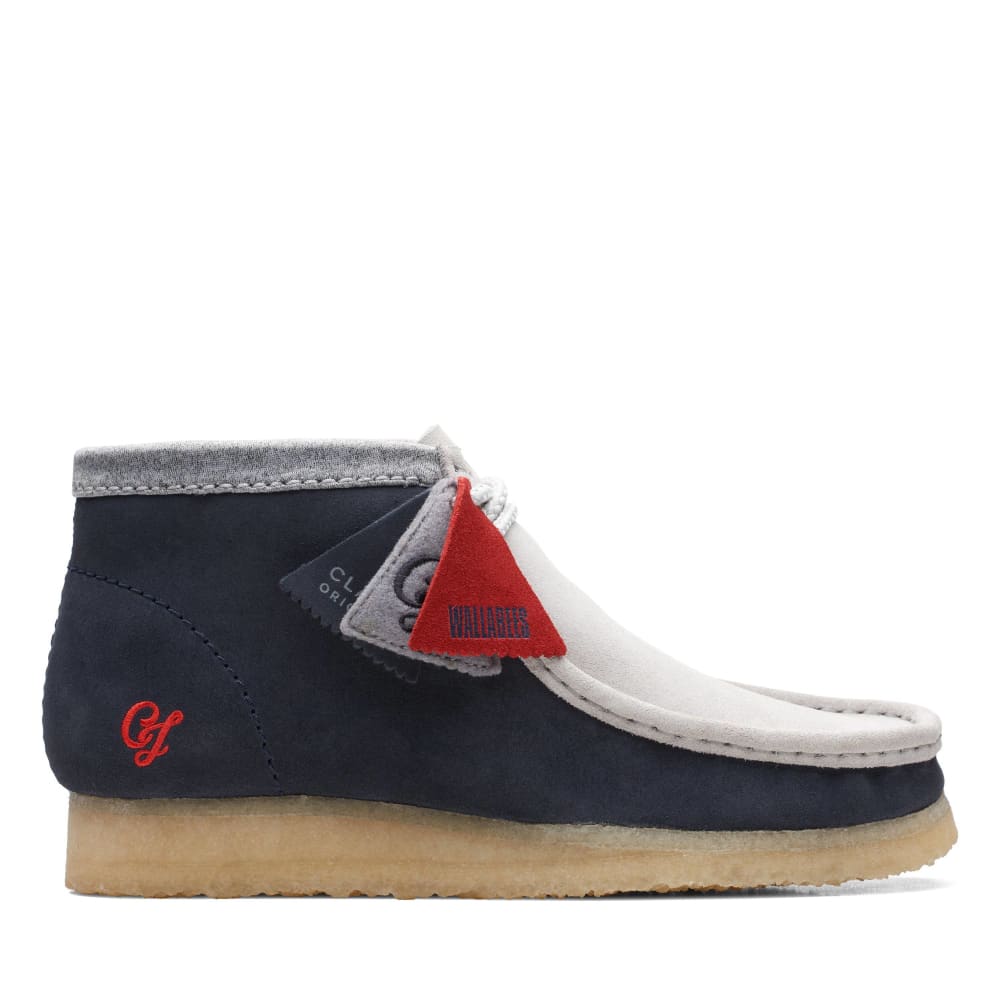 Clarks Originals Originals Wallabee Boot VCY Men’s Shoes – Navy, Gray and Red Suede – Style 26165077 – Bold Heritage Statement