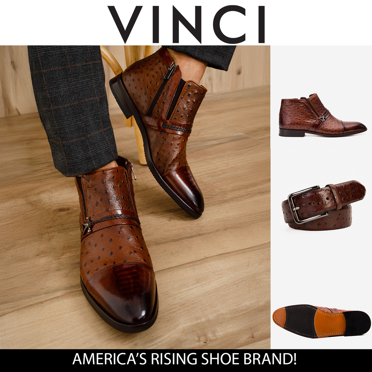 Vinci Leather The Dallas Tan Leather Bit Ankle Zip-Up Dress Men Boot – product view 7