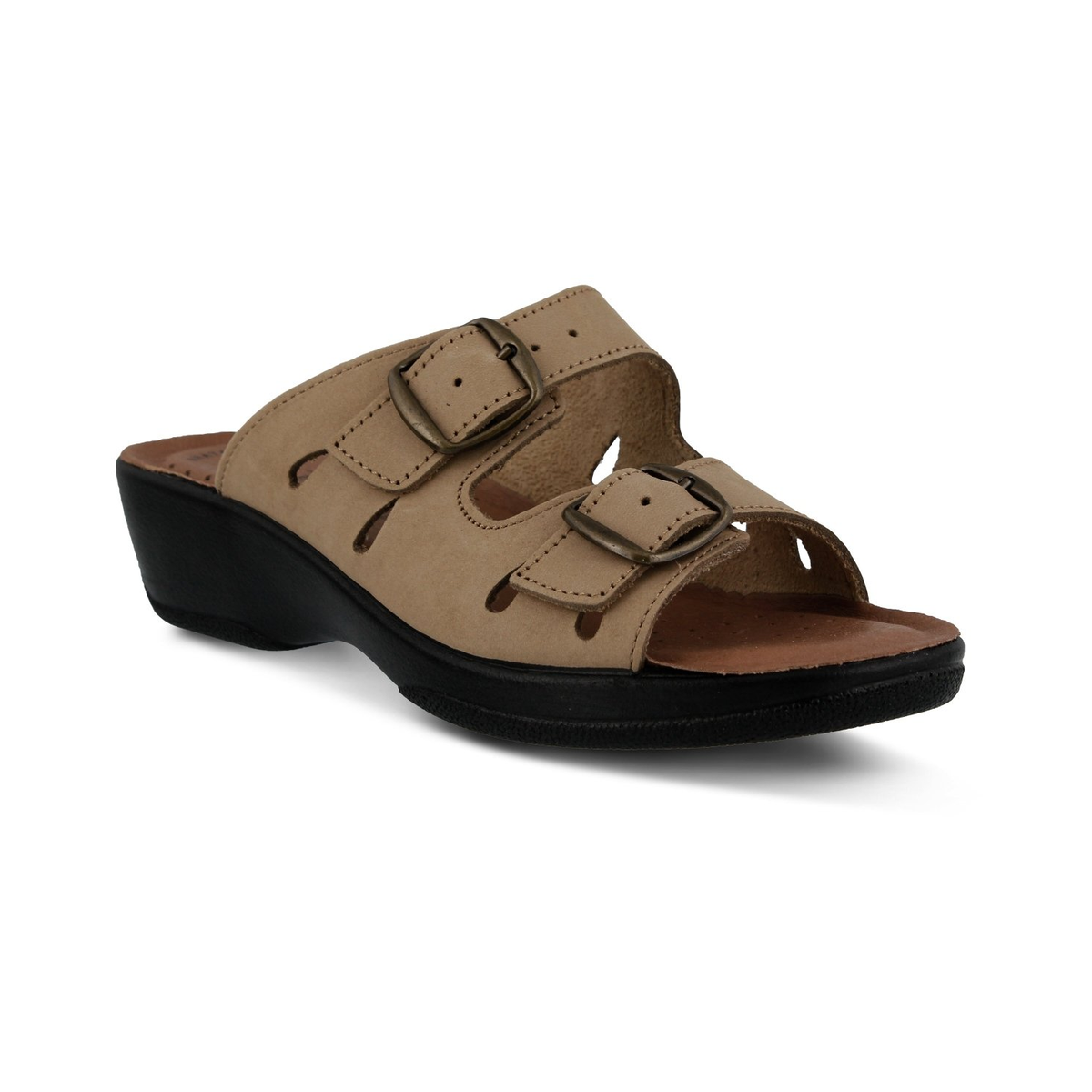 Flexus Decca Beige Nubuck slide sandal, front three-quarter view