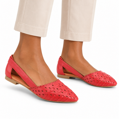 AI-generated styling illustration of an adult model wearing the Spring Step Delorse flats in Red; original product photo shows actual item details.