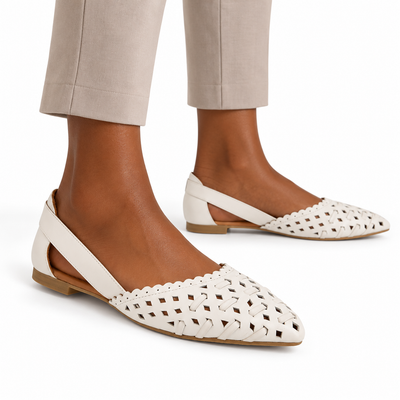 AI-generated styling illustration of an adult model wearing the Spring Step Delorse flats in White; original product photo shows actual item details.
