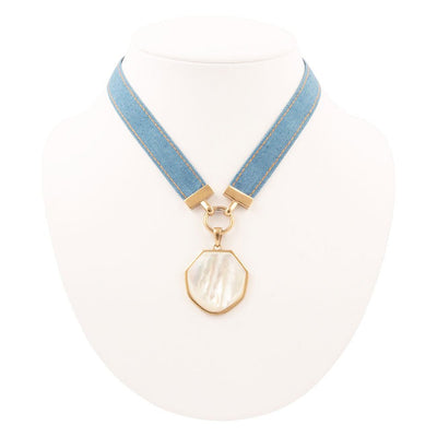 Blue Denim Dreams White Mother of Pearl Ribbon Golden Pendant Necklace