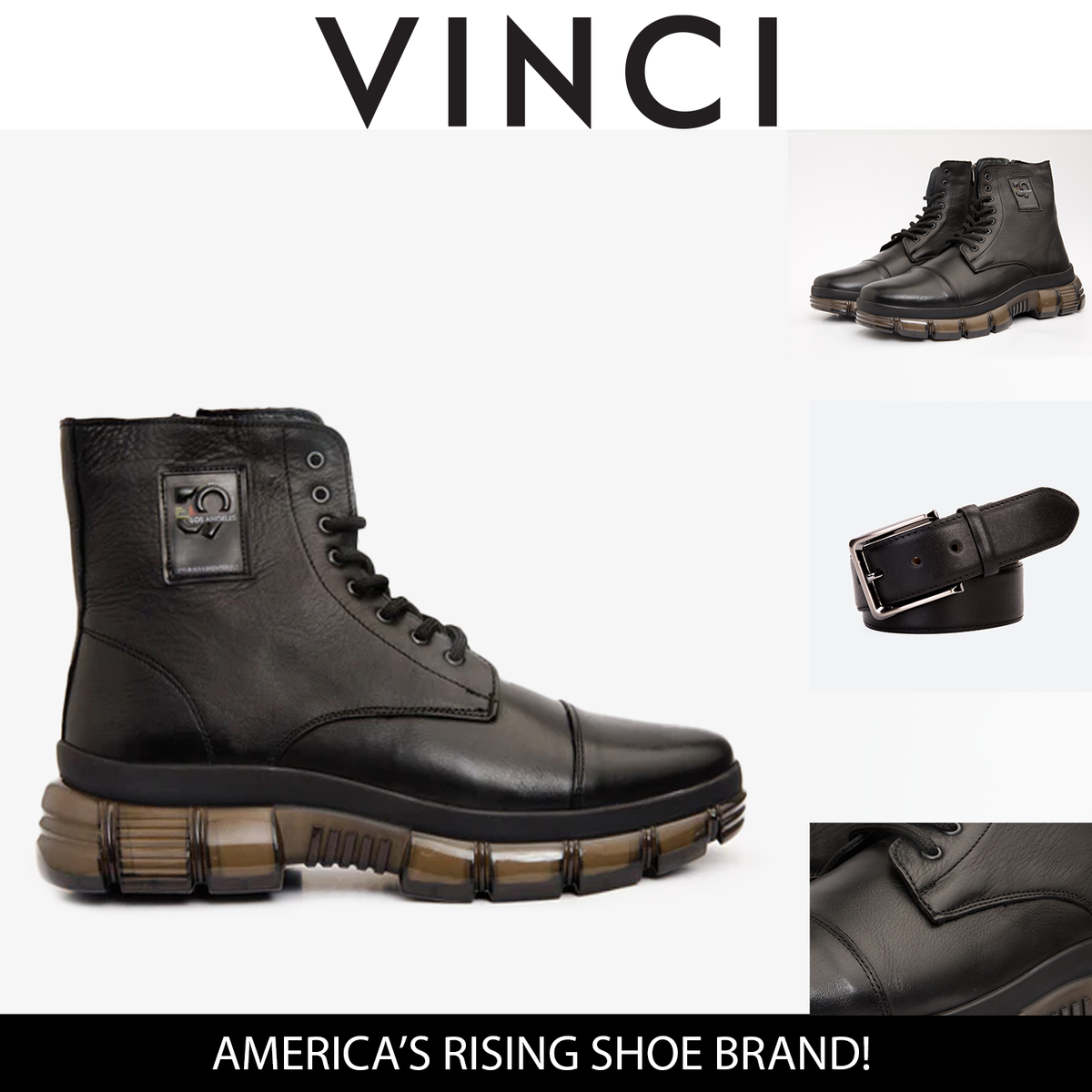 Vinci Leather The Ottova Black Leather Lace-Up Sneaker Men Boot with a Zipper – product view 4