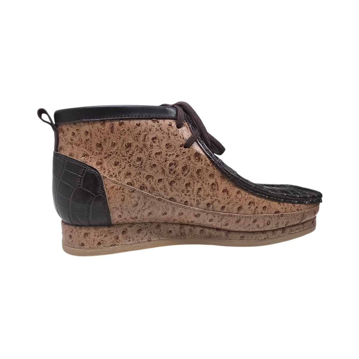 British Walkers New Castle Dual Print chukka boots in tan and dark brown, side profile