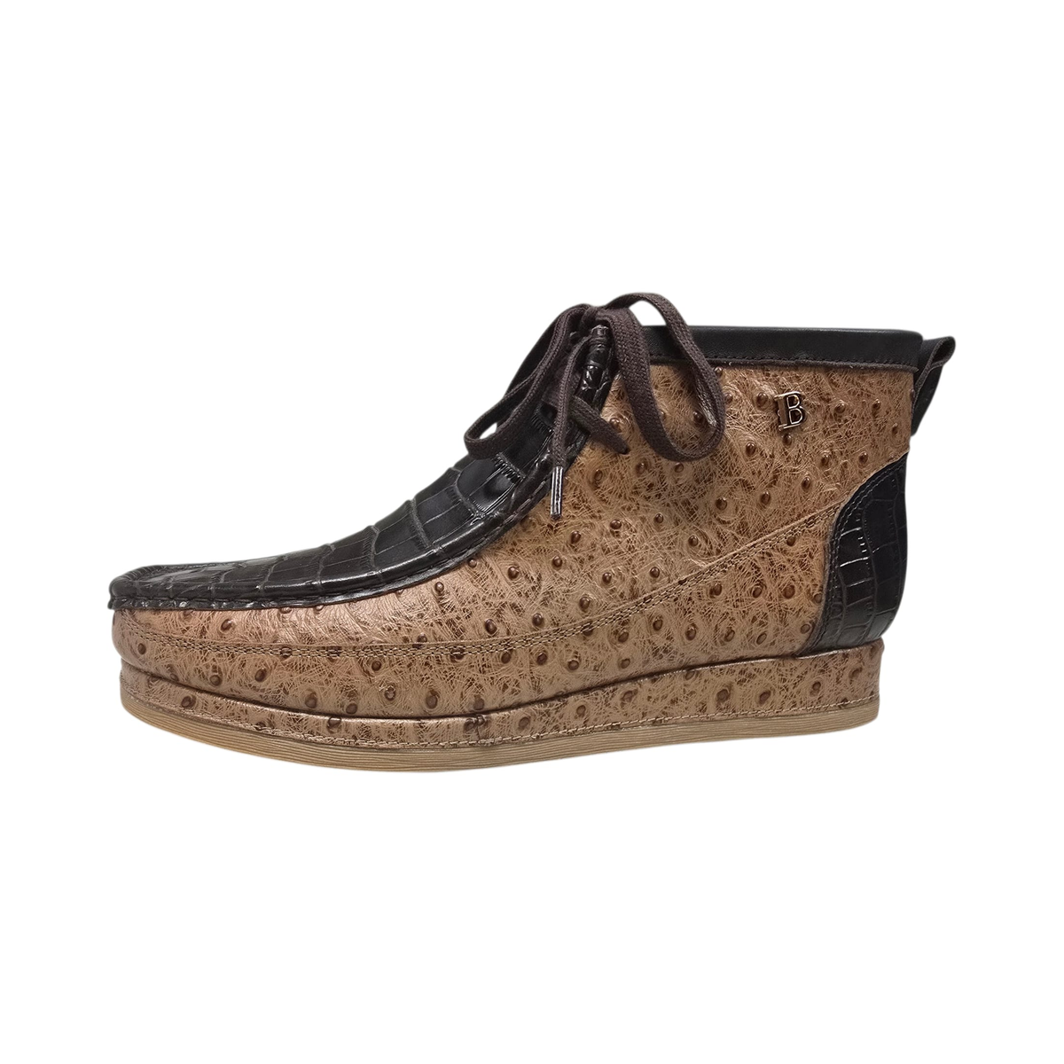 British Walkers New Castle Dual Print chukka boots in tan and dark brown, opposite side profile