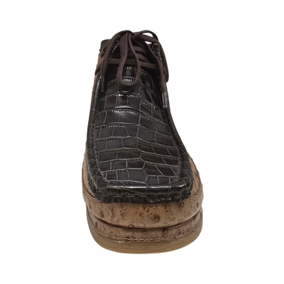 British Walkers New Castle Dual Print chukka boots in tan and dark brown, front view