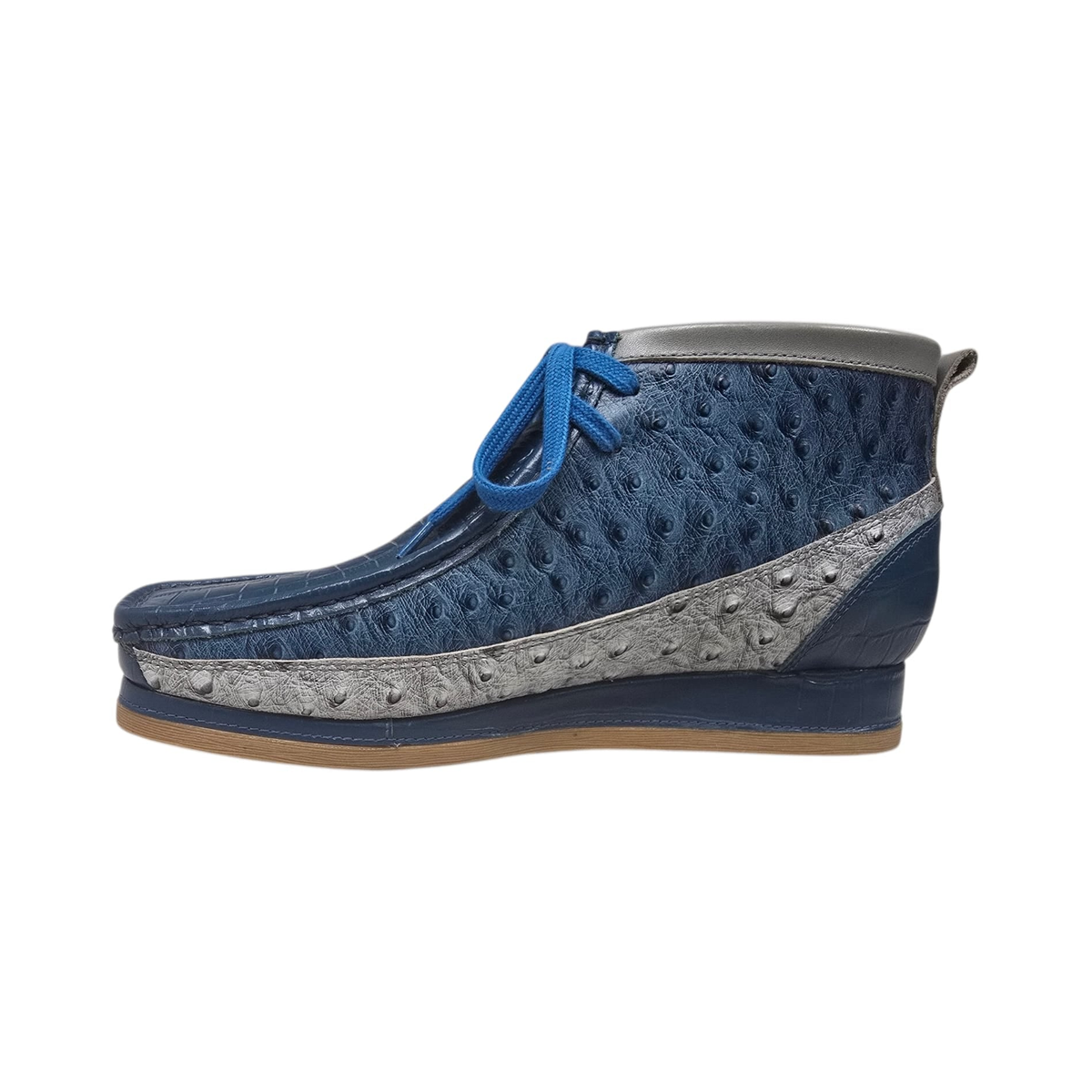 British Walkers New Castle Dual Print chukka boots in blue and light gray, opposite side profile