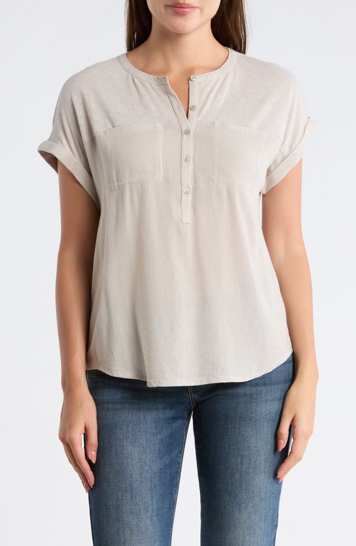 [7WD61511-290] WOMENS LUCKY BRAND MIXED MEDIA HENLEY - DOVE – product view 1