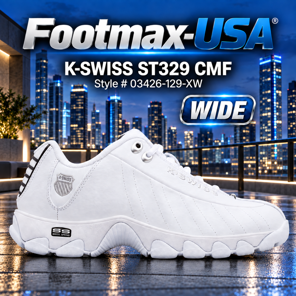 K-Swiss St329 Cmf - White/Black/Silver - 03426-129-Xw (Wide) — product view 1