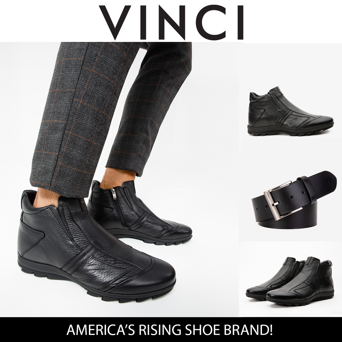 Vinci Leather The Montreal Black Leather Casual Zip-Up Ankle Men Boot – product view 2