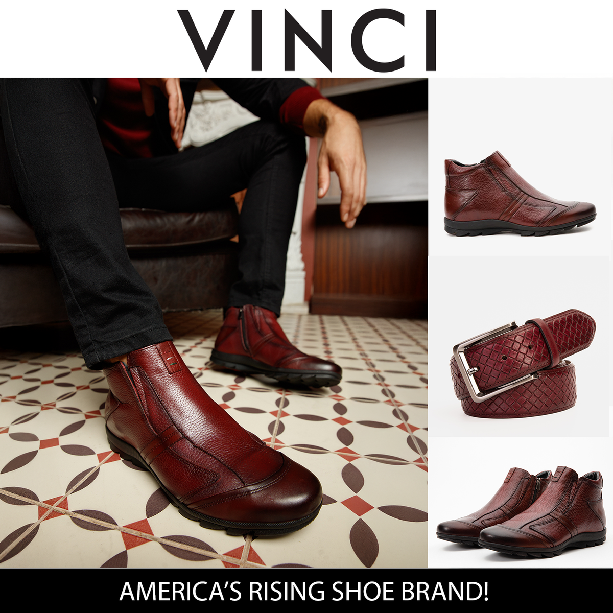 Vinci Leather The Montreal Burgundy Leather Casual Zip-Up Ankle Men Boot – product view 3