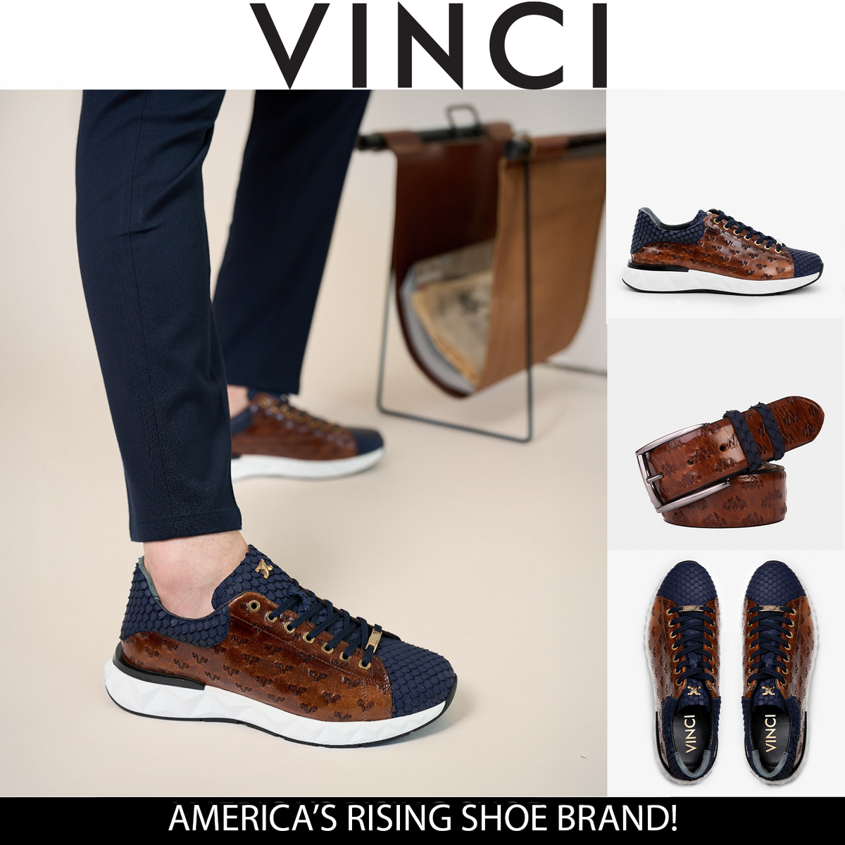 Vinci Leather The Caesars Navy & Tan Leather Men Sneaker – product view 4