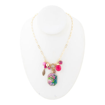 Flamingo Pink Agate Golden Pendant Necklace