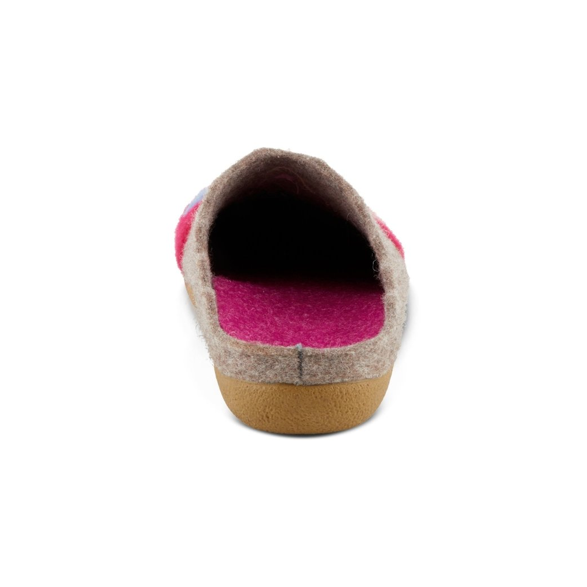 Flexus Cuttlecat wool slipper in Fuchsia Multi, open-back rear view