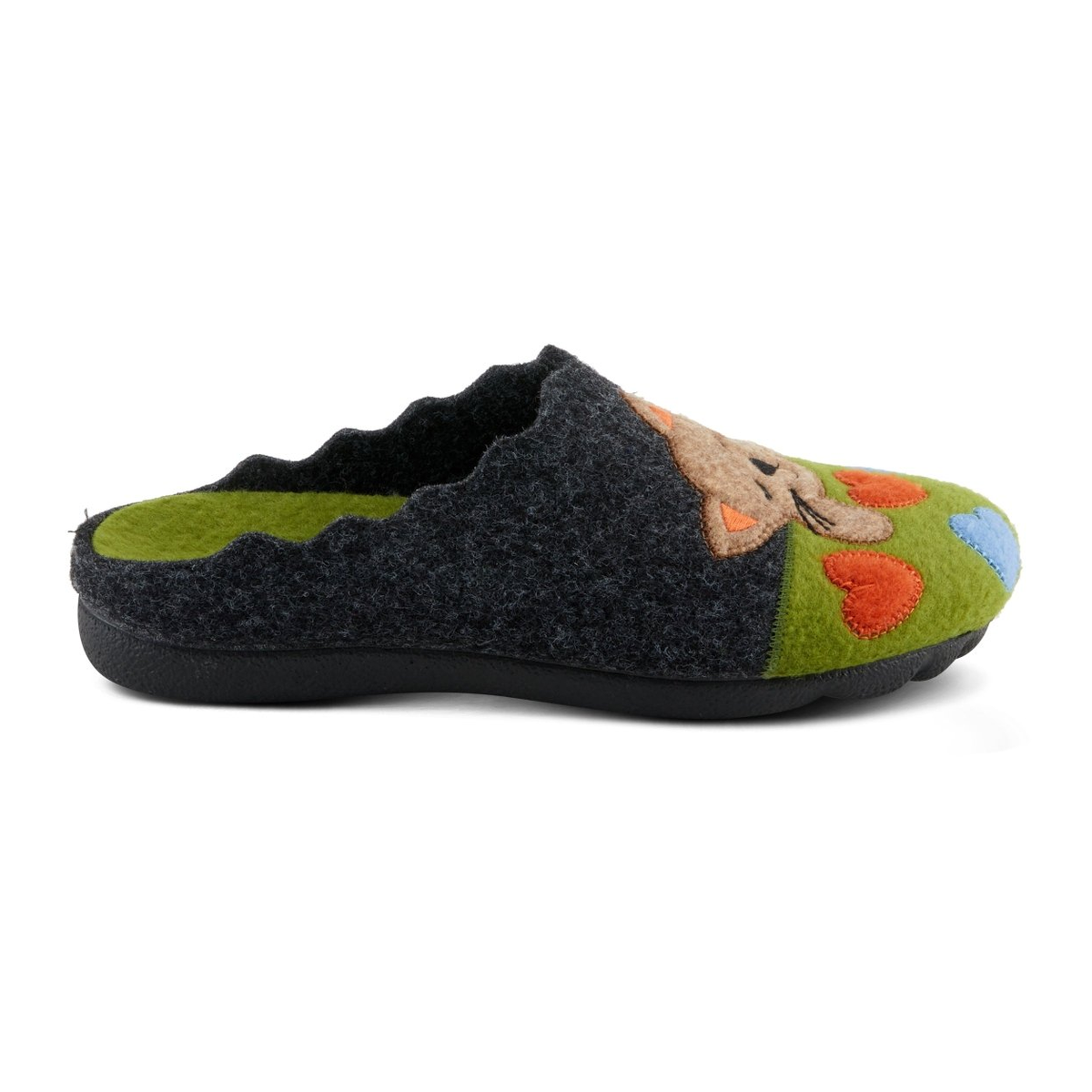 Flexus Cuttlecat wool slipper in Green Multi, right-facing side profile