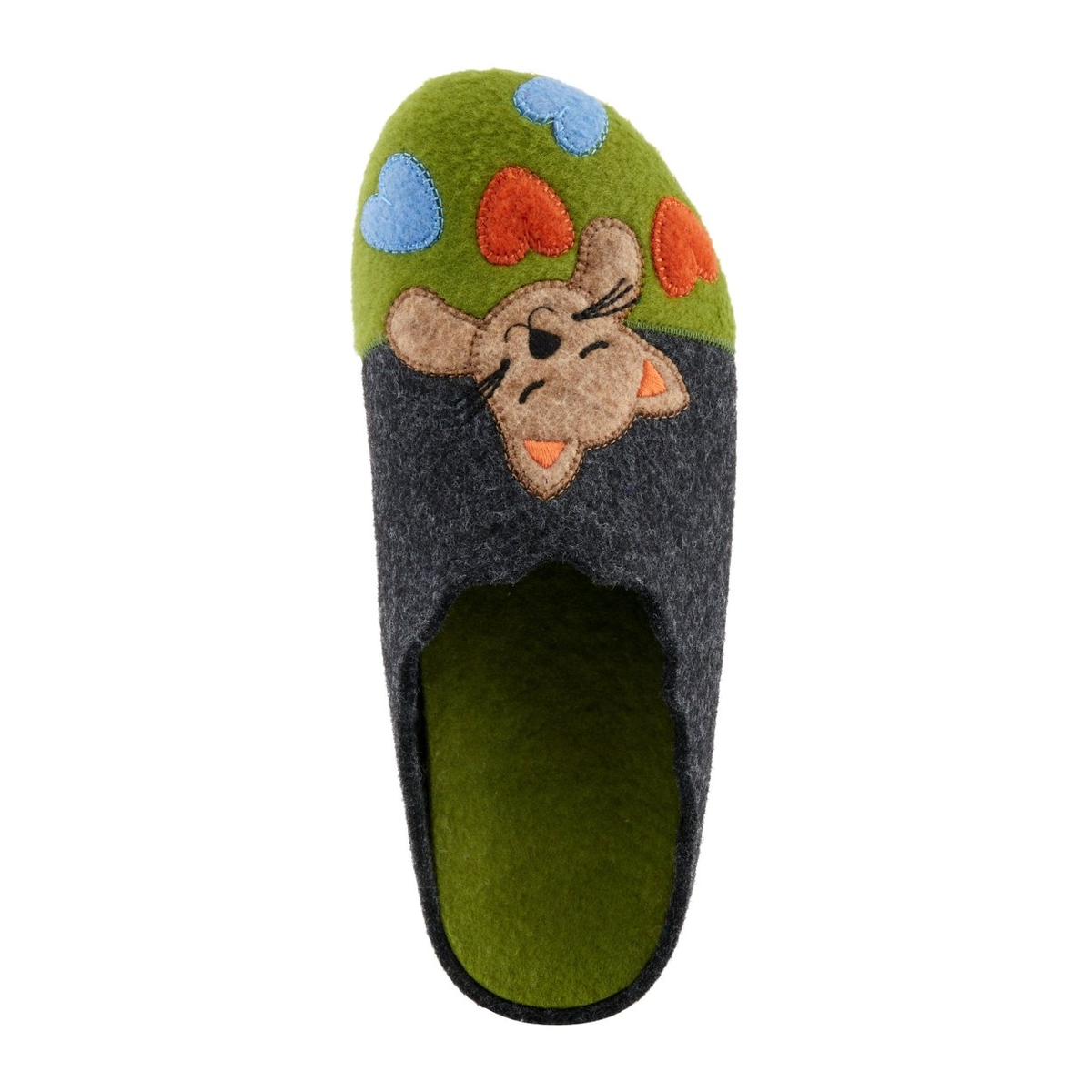 Flexus Cuttlecat wool slipper in Green Multi, top view showing cat and heart appliques
