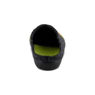 Flexus Cuttlecat wool slipper in Green Multi, open-back rear view
